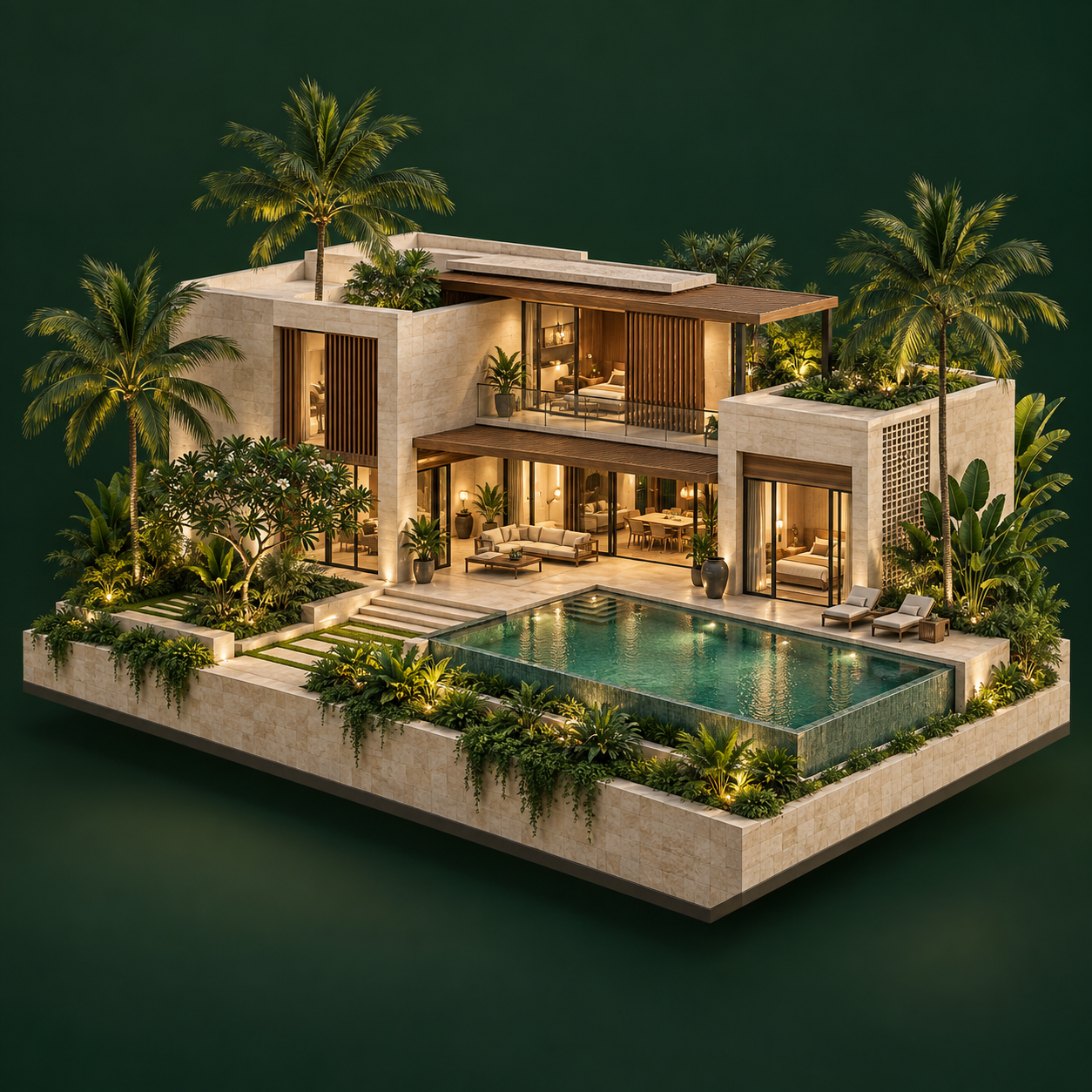 3D architectural illustration of a tropical villa with warm interiors and landscaped gardens